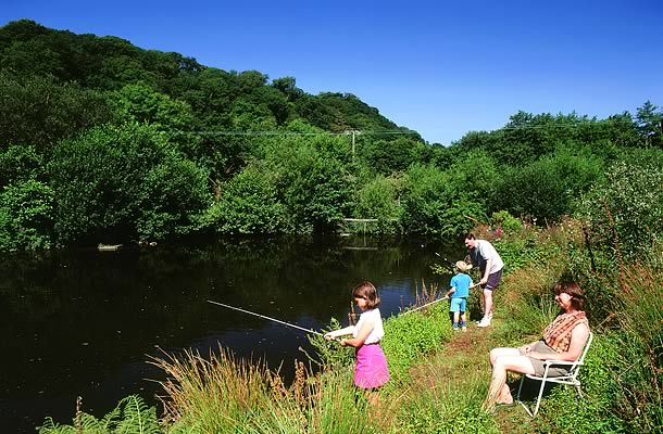 Children fishing on river bank